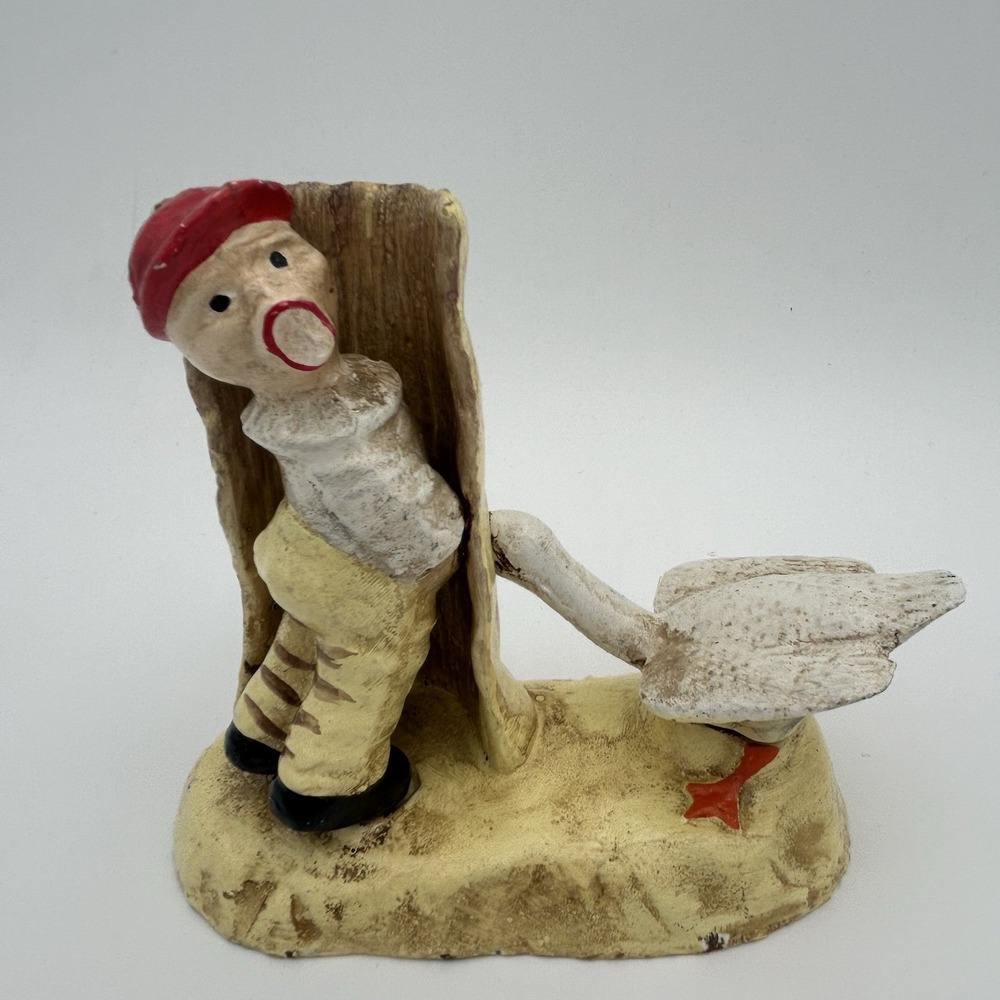 Vintage Painted Cast Iron Americana Charming Little Boy Urinating & Goose Figure